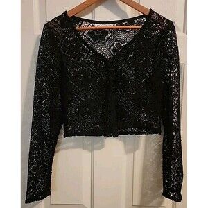Vintage Psssst Lacy Crop Top Buttons Long Sleeve Y2k Retro Rocker  V-Neck Cover